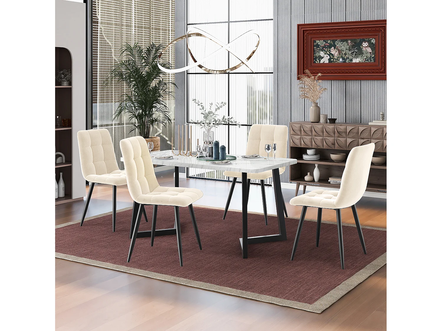 Ensemble table + 4 chaises en velours - pièds en métal - beige