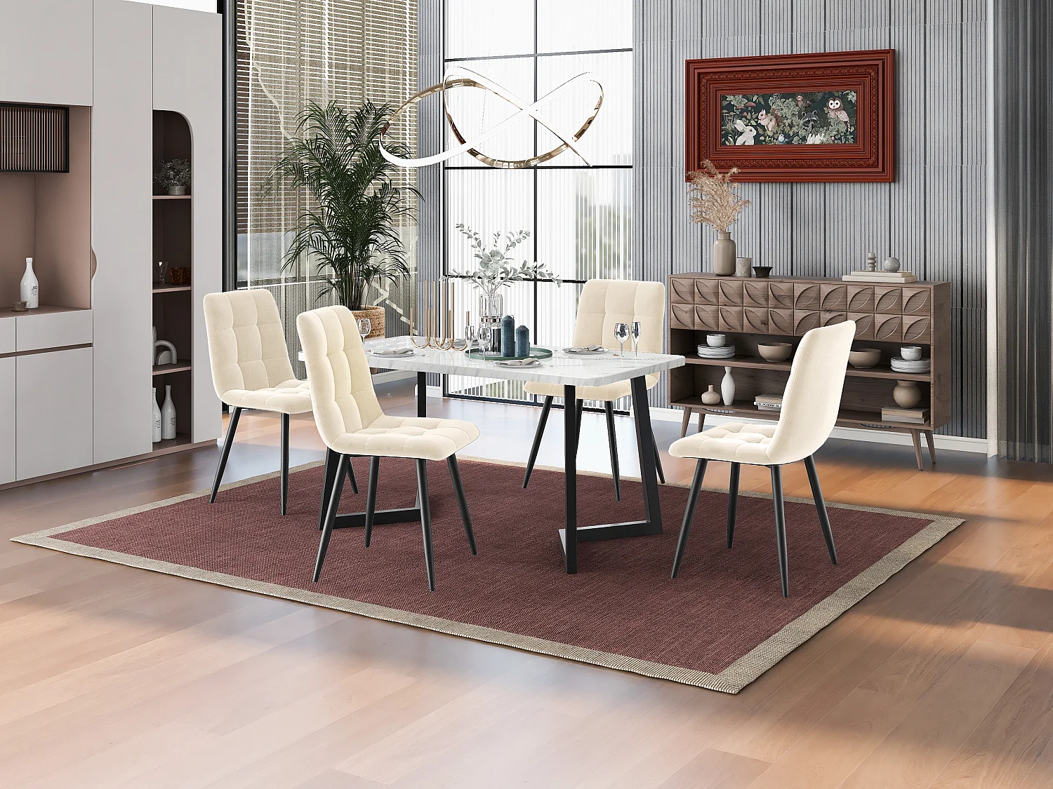 Ensemble table + 4 chaises en velours - pièds en métal - beige