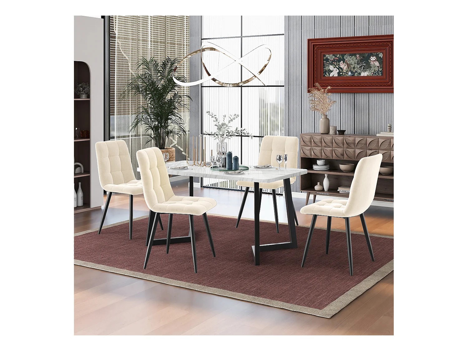 Ensemble table + 4 chaises en velours - pièds en métal - beige