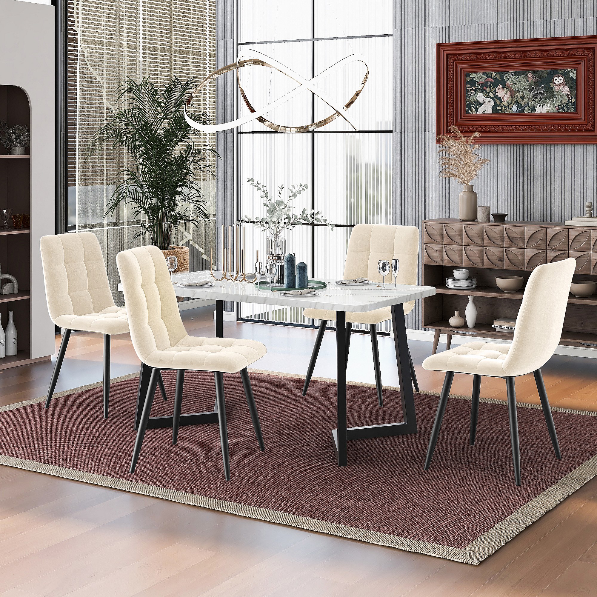 Ensemble Salle à Manger 5 Pièces Rouge Bordeaux – Table Verre + 4 Chaises Similicuir, Design Moderne