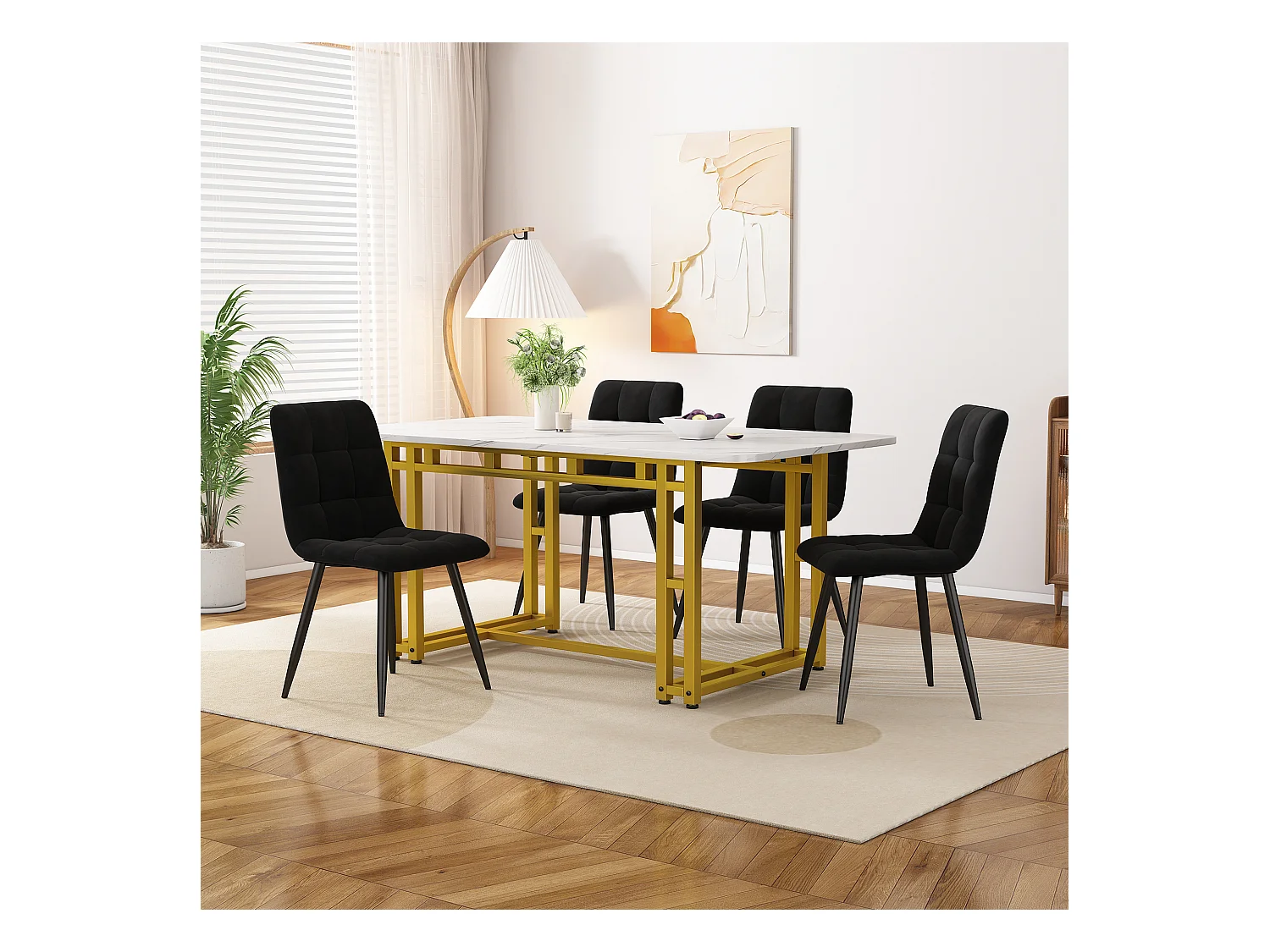 Ensemble table + 4 chaises en velours - table 120 x 70 cm - pièds en métal doré - noir et blanc