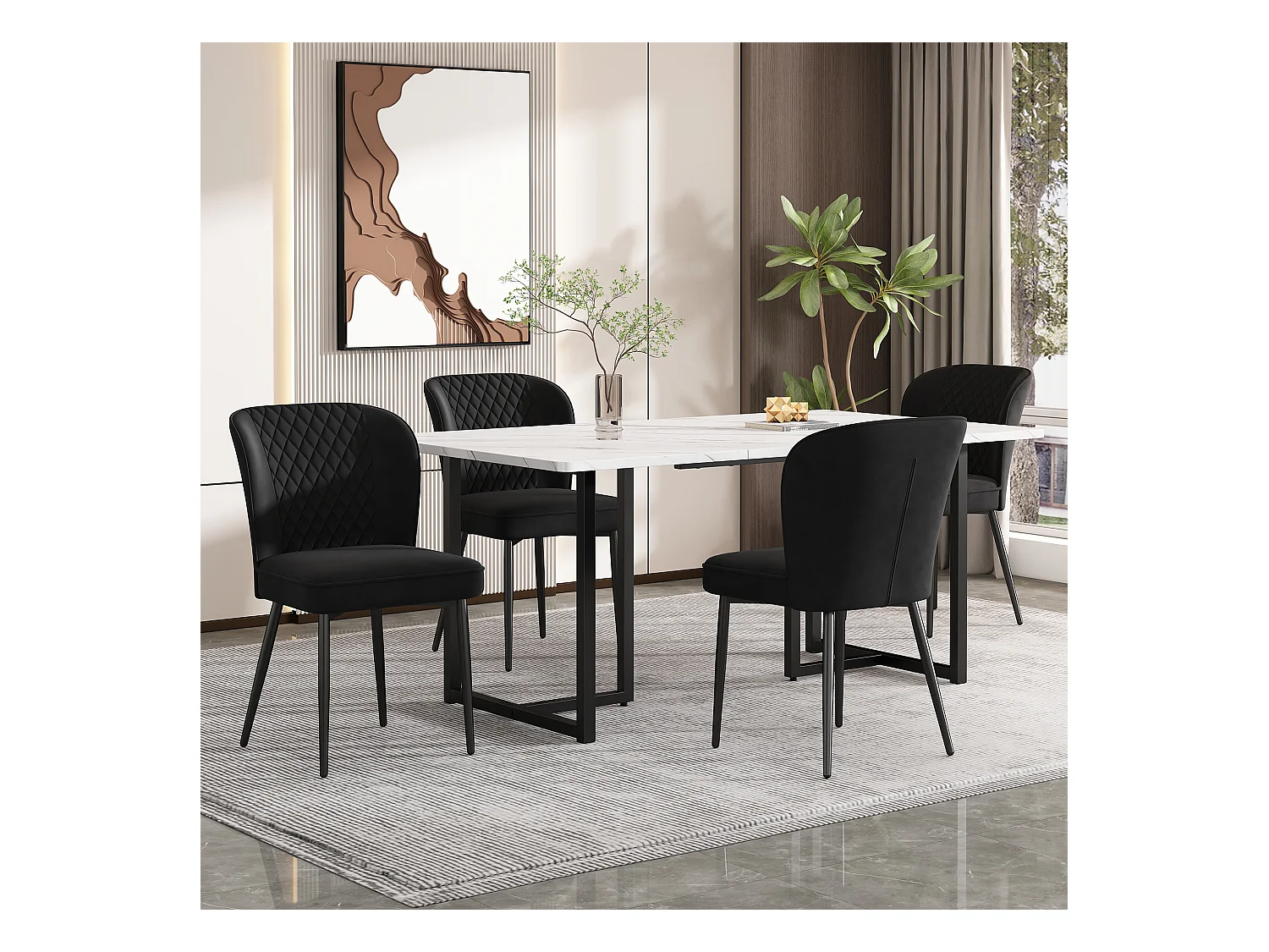 Ensemble table à manger 140 x 80 x 75 cm avec 4 chaises en velours - Bois MDF et métal - Noir