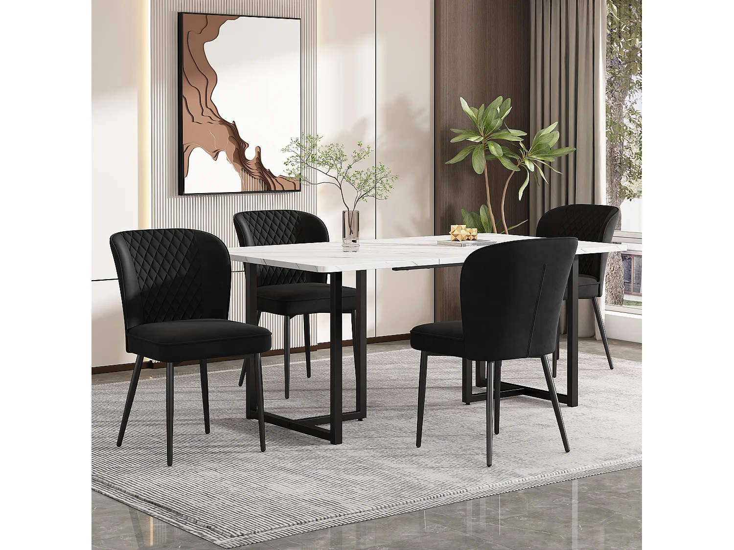 Ensemble table à manger 140 x 80 x 75 cm avec 4 chaises en velours - Bois MDF et métal - Noir