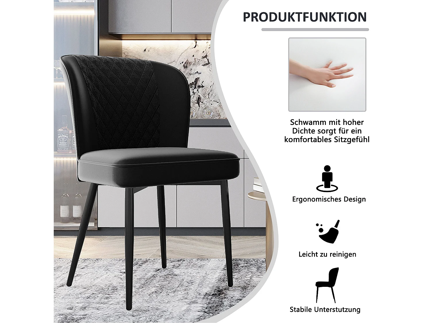 Ensemble table à manger 140 x 80 x 75 cm avec 4 chaises en velours - Bois MDF et métal - Noir