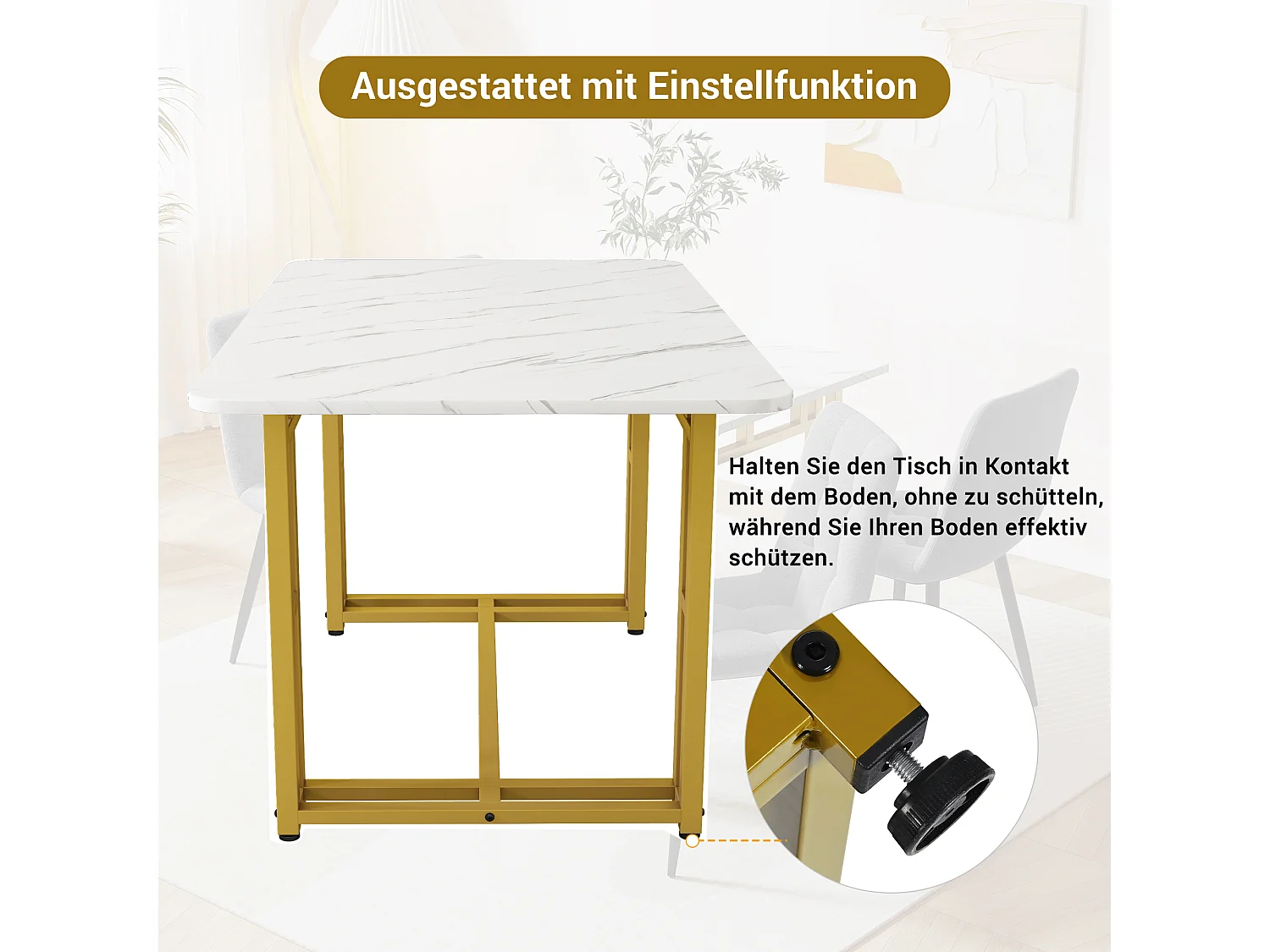 Tischset + 4 Samtstühle – Tisch 120 x 70 cm – goldene Metallbeine – Grau und Weiß