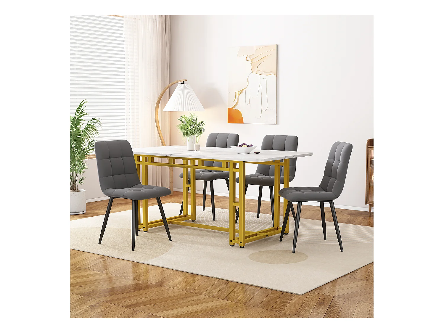 Ensemble table + 4 chaises en velours - table 120 x 70 cm - pièds en métal doré - gris et blanc