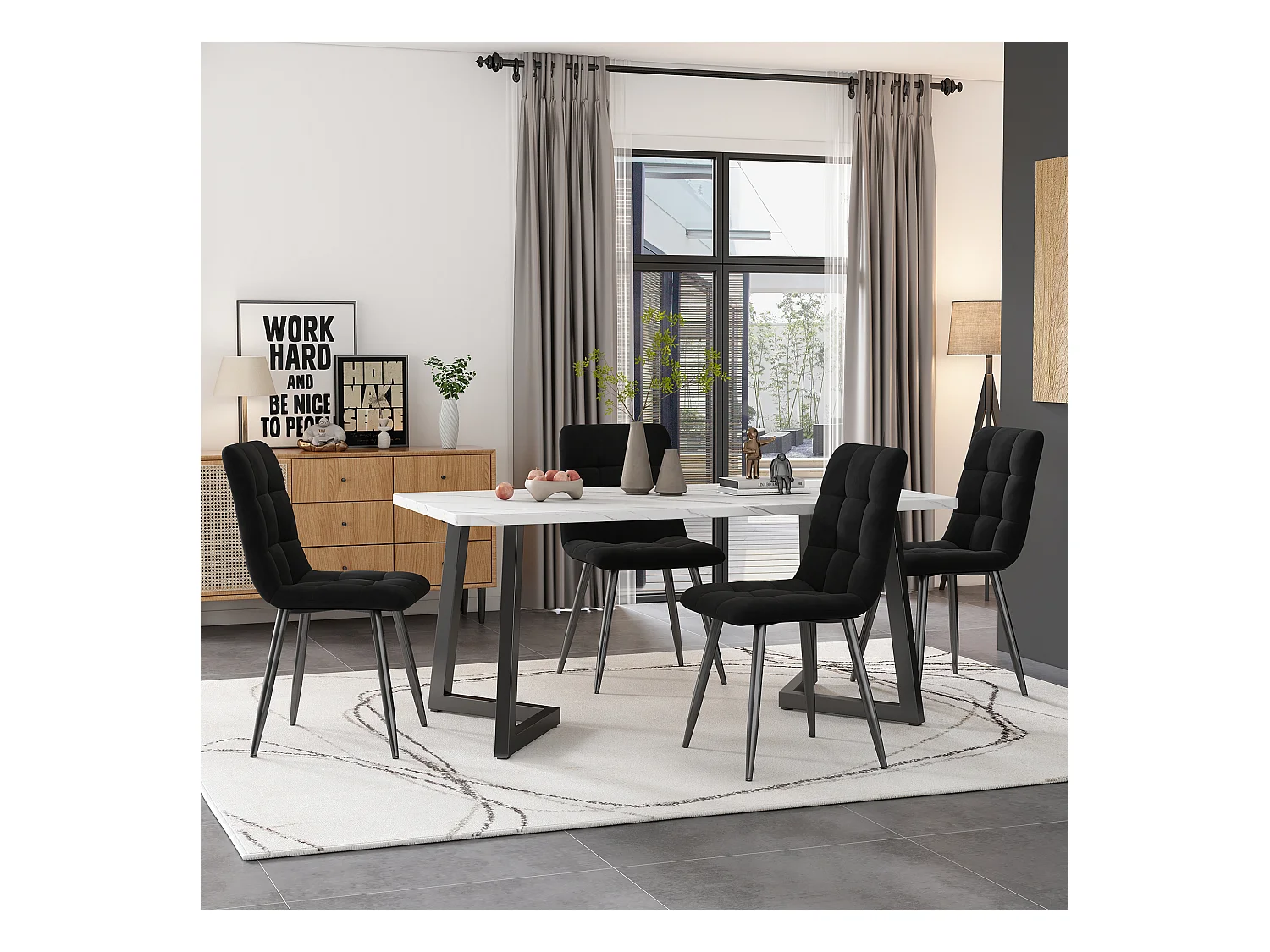 Ensemble table + 4 chaises en velours - pièds en métal - noir et blanc