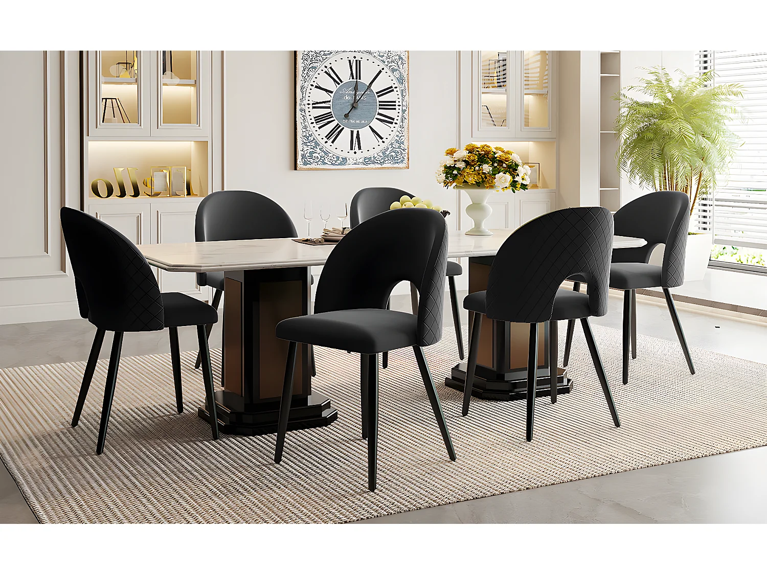 Lot de 6 chaises en velours - pieds réglables en métal - avec dossier - noir