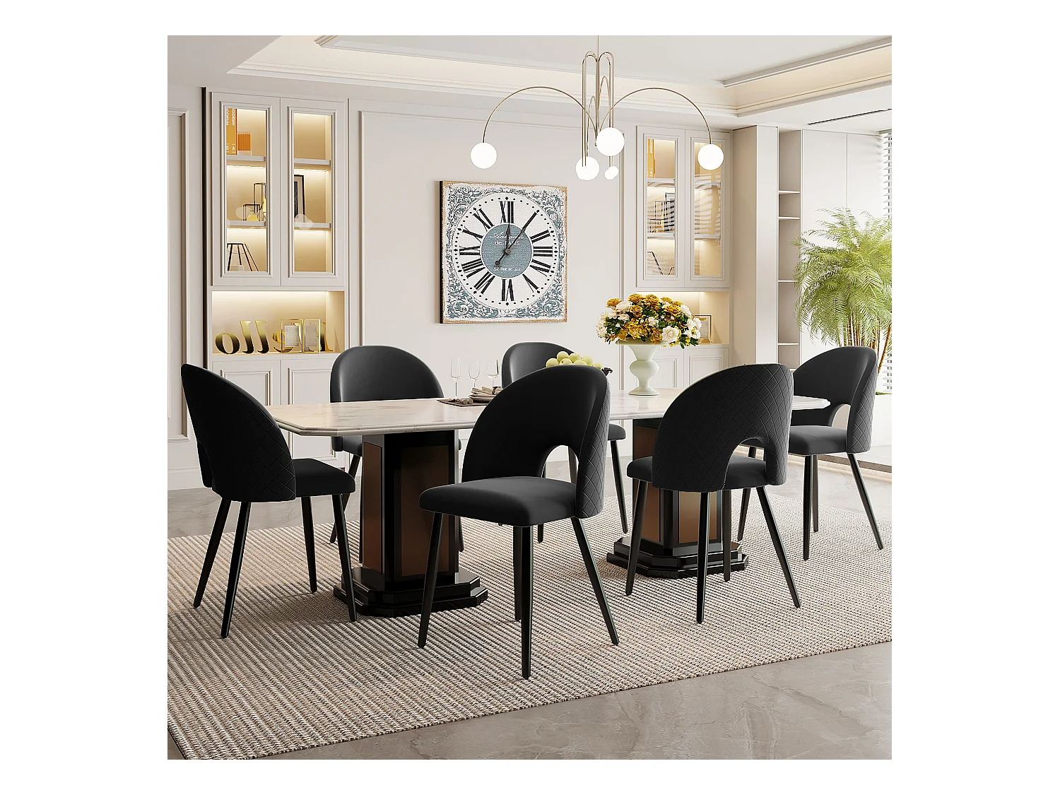 Set van 6 fluwelen stoelen - verstelbare metalen poten - met rugleuning - zwart