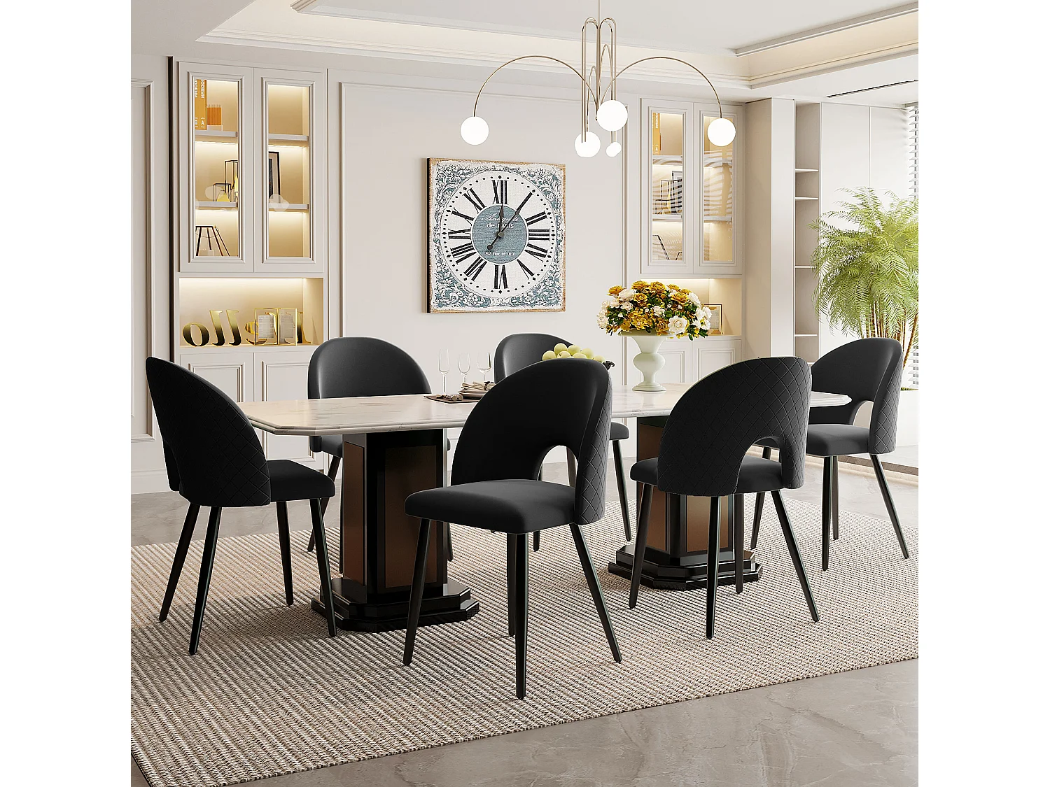 Conjunto de 6 cadeiras de veludo - pernas metálicas ajustáveis - com encosto - preto