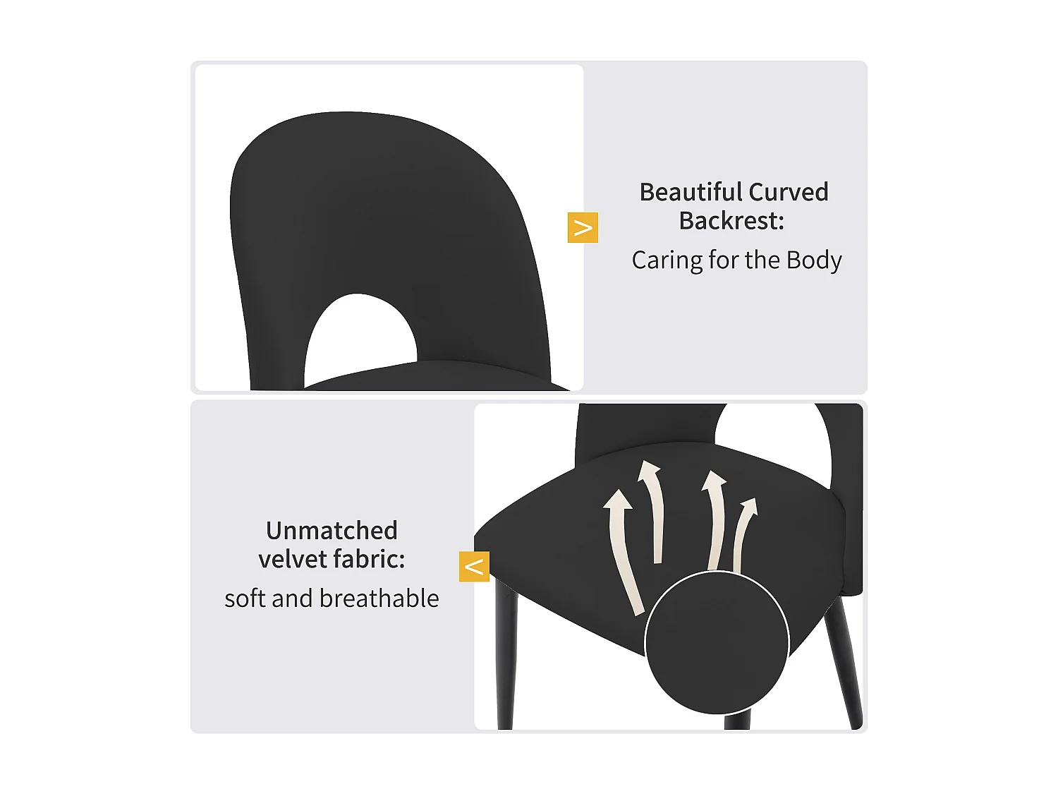 Conjunto de 6 cadeiras de veludo - pernas metálicas ajustáveis - com encosto - preto