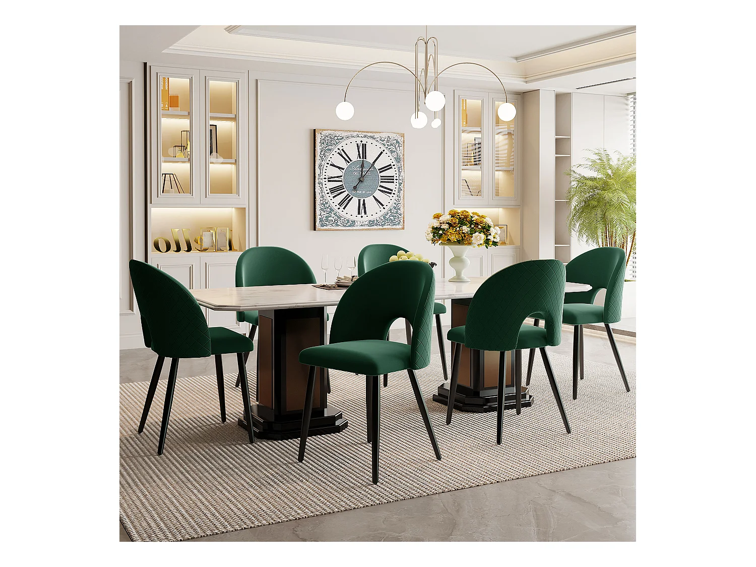 Set van 6 fluwelen stoelen - verstelbare metalen poten - met rugleuning - groen