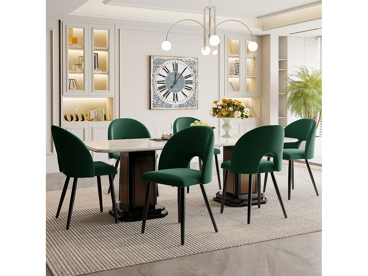 Juego de 6 sillas de terciopelo - patas metálicas ajustables - con respaldo - verde