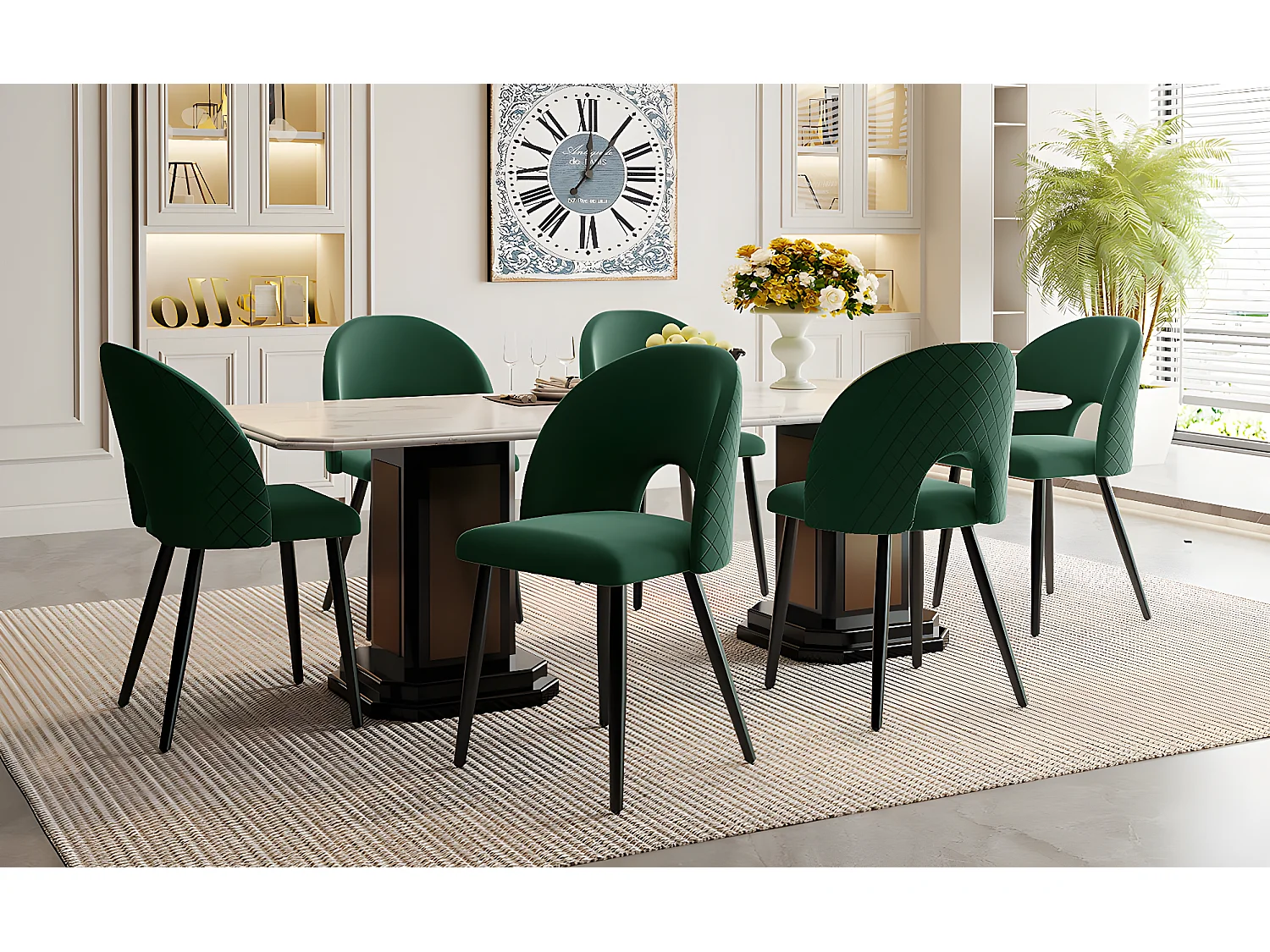 Juego de 6 sillas de terciopelo - patas metálicas ajustables - con respaldo - verde