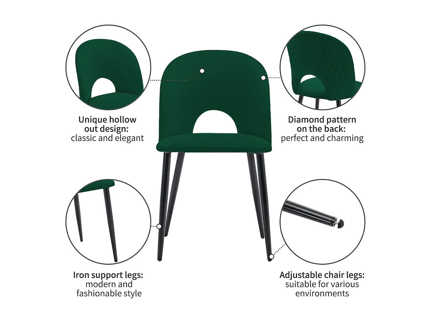 Set van 2 fluwelen stoelen - verstelbare metalen poten - met rugleuning - groen