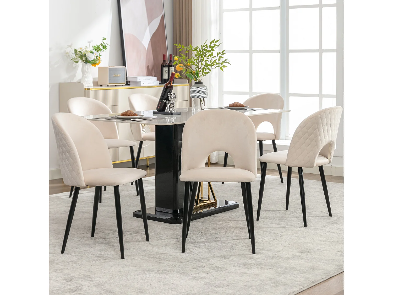 Set van 6 fluwelen stoelen - verstelbare metalen poten - met rugleuning - beige