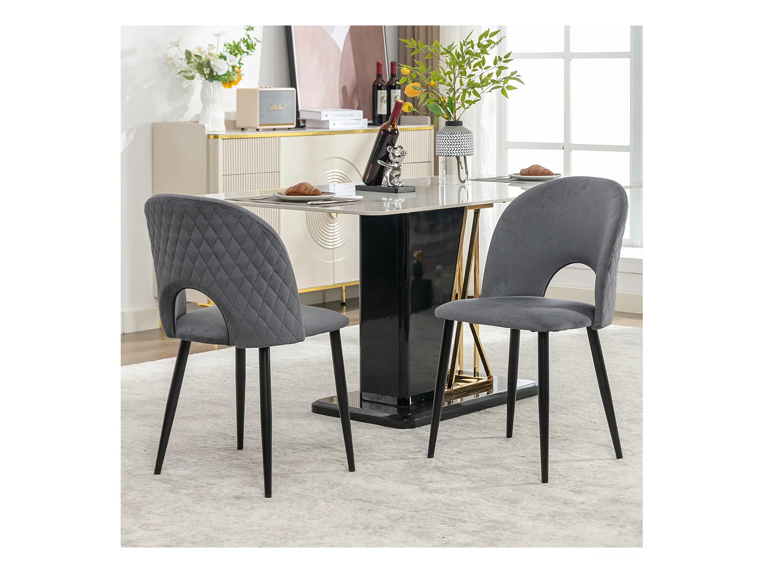 Lot de 2 chaises en velours - pieds réglables en métal - avec dossier - gris