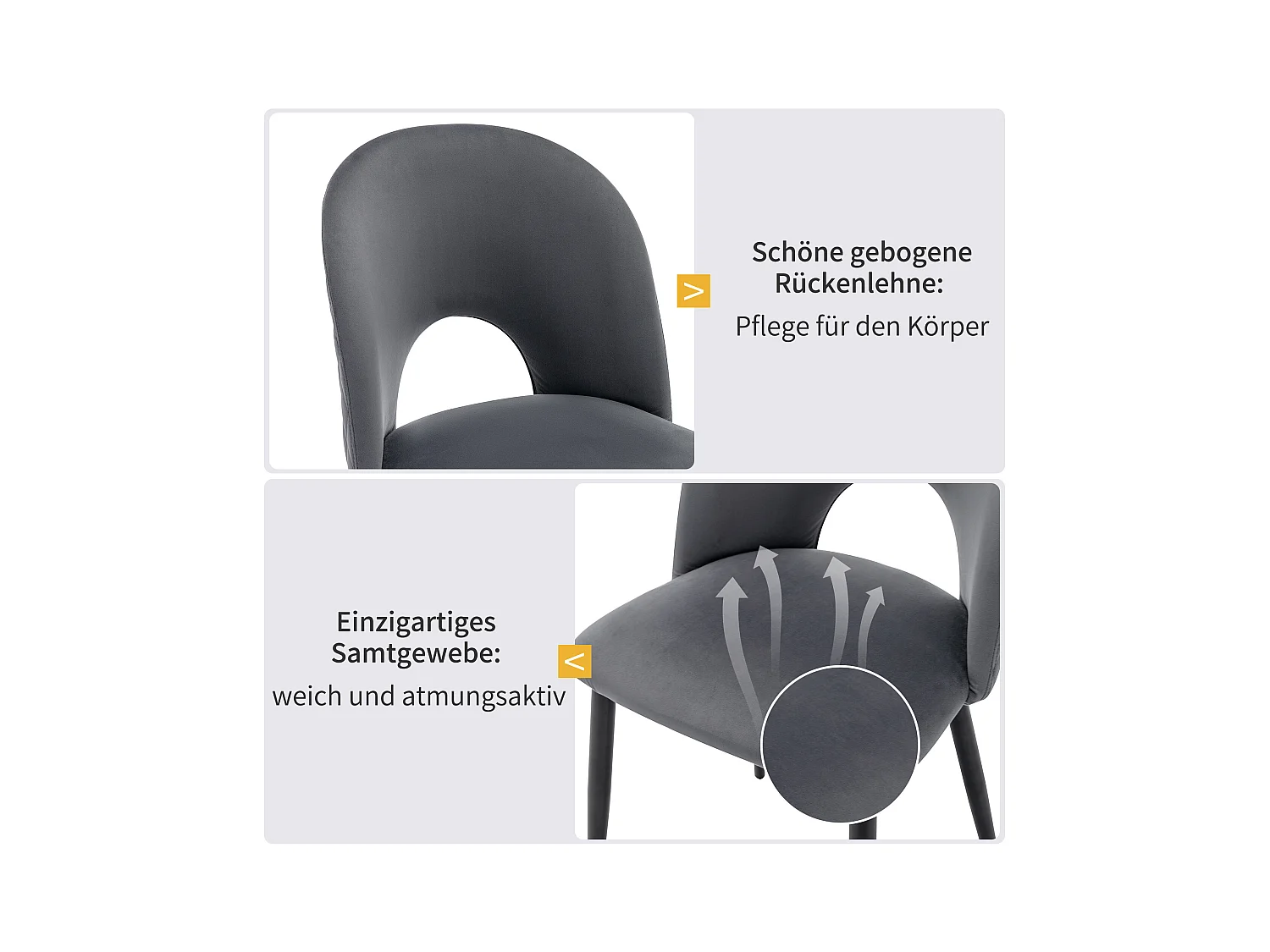 Lot de 2 chaises en velours - pieds réglables en métal - avec dossier - gris