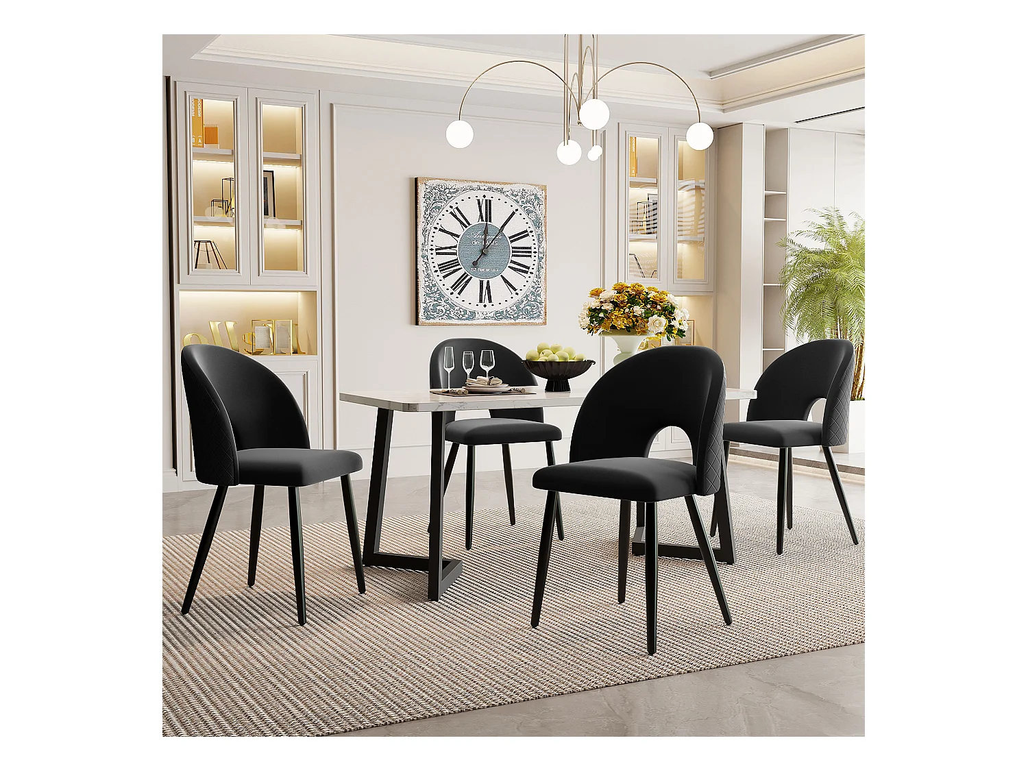 Set van 4 fluwelen stoelen - verstelbare metalen poten - met rugleuning - zwart