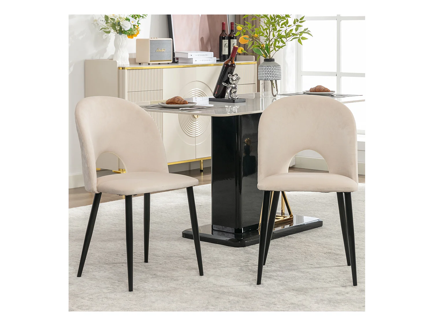 Lot de 2 chaises en velours - pieds réglables en métal - avec dossier - beige