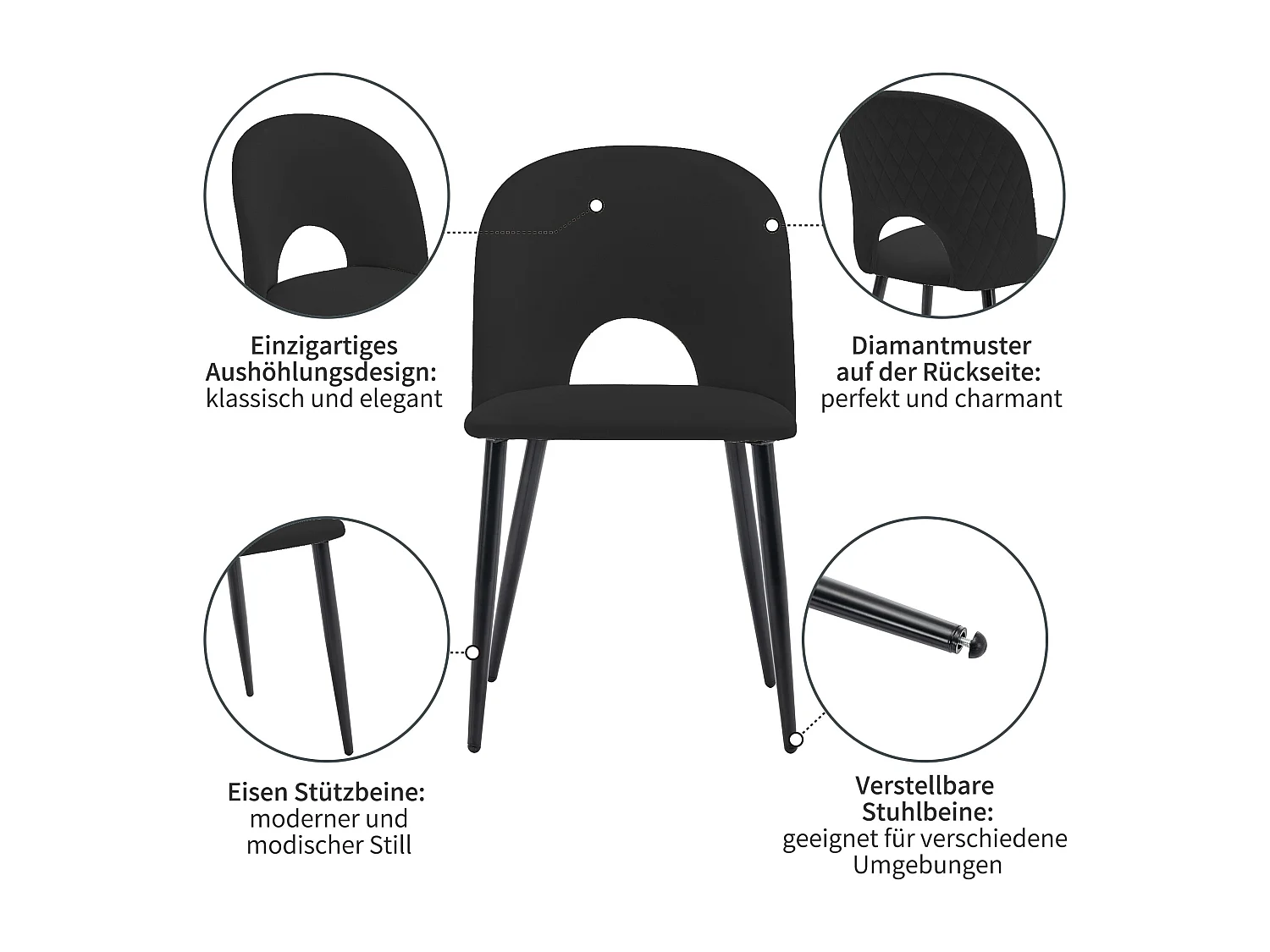 Lot de 2 chaises en velours - pieds réglables en métal - avec dossier - noir