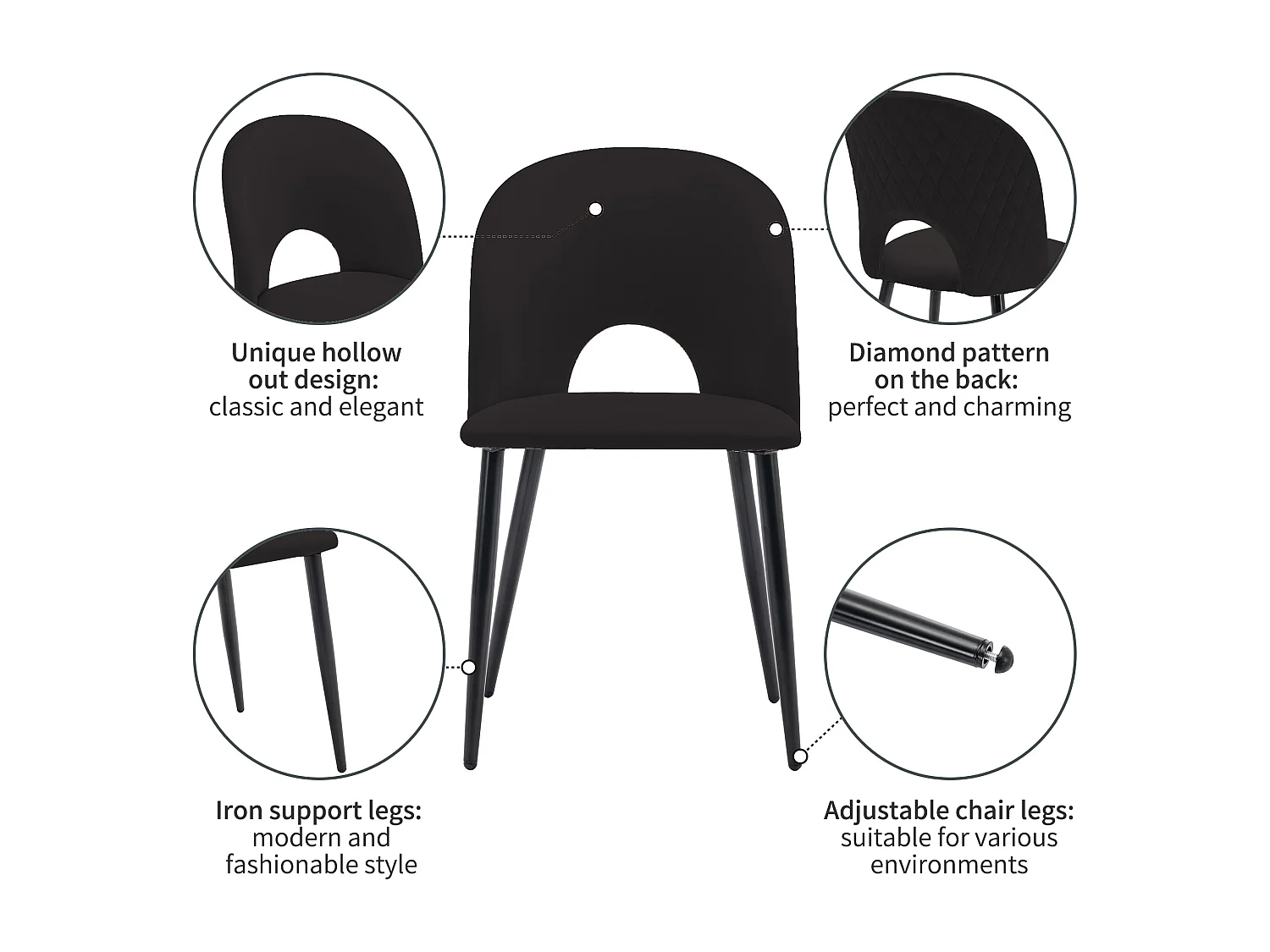 Lot de 2 chaises en velours - pieds réglables en métal - avec dossier - noir