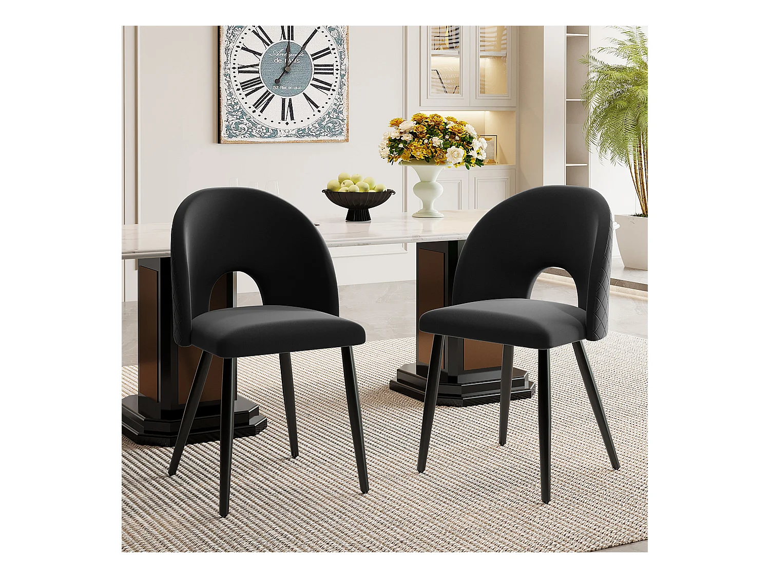 Lot de 2 chaises en velours - pieds réglables en métal - avec dossier - noir