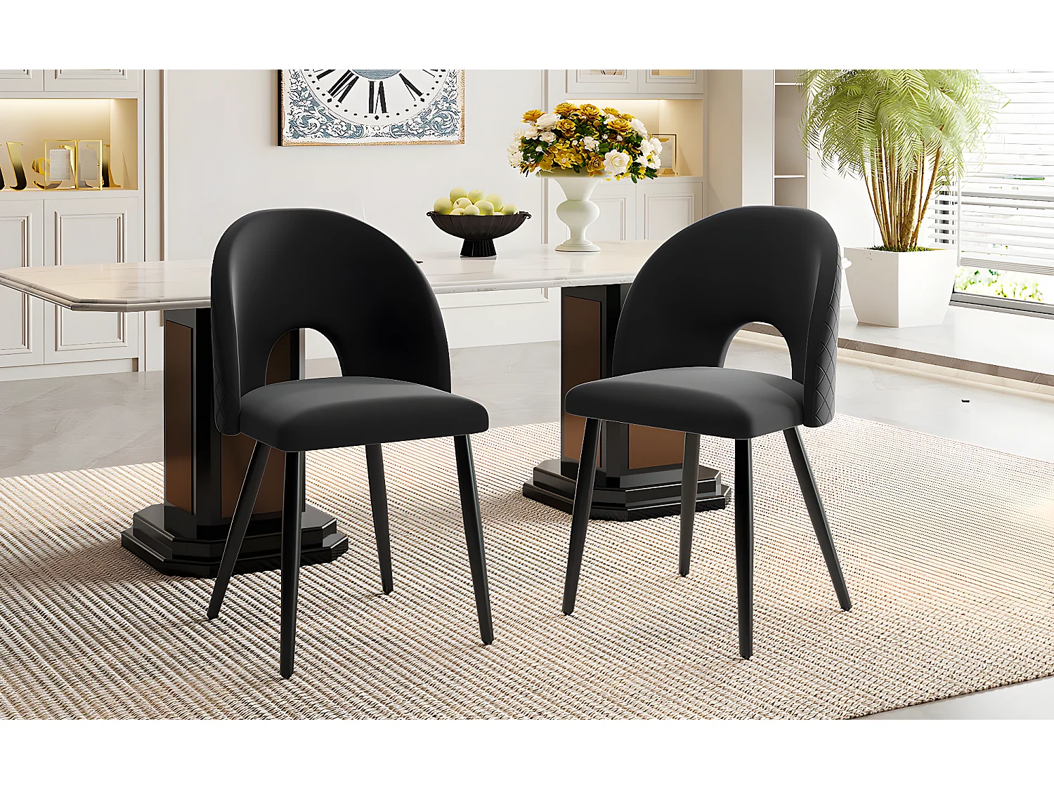 Lot de 2 chaises en velours - pieds réglables en métal - avec dossier - noir