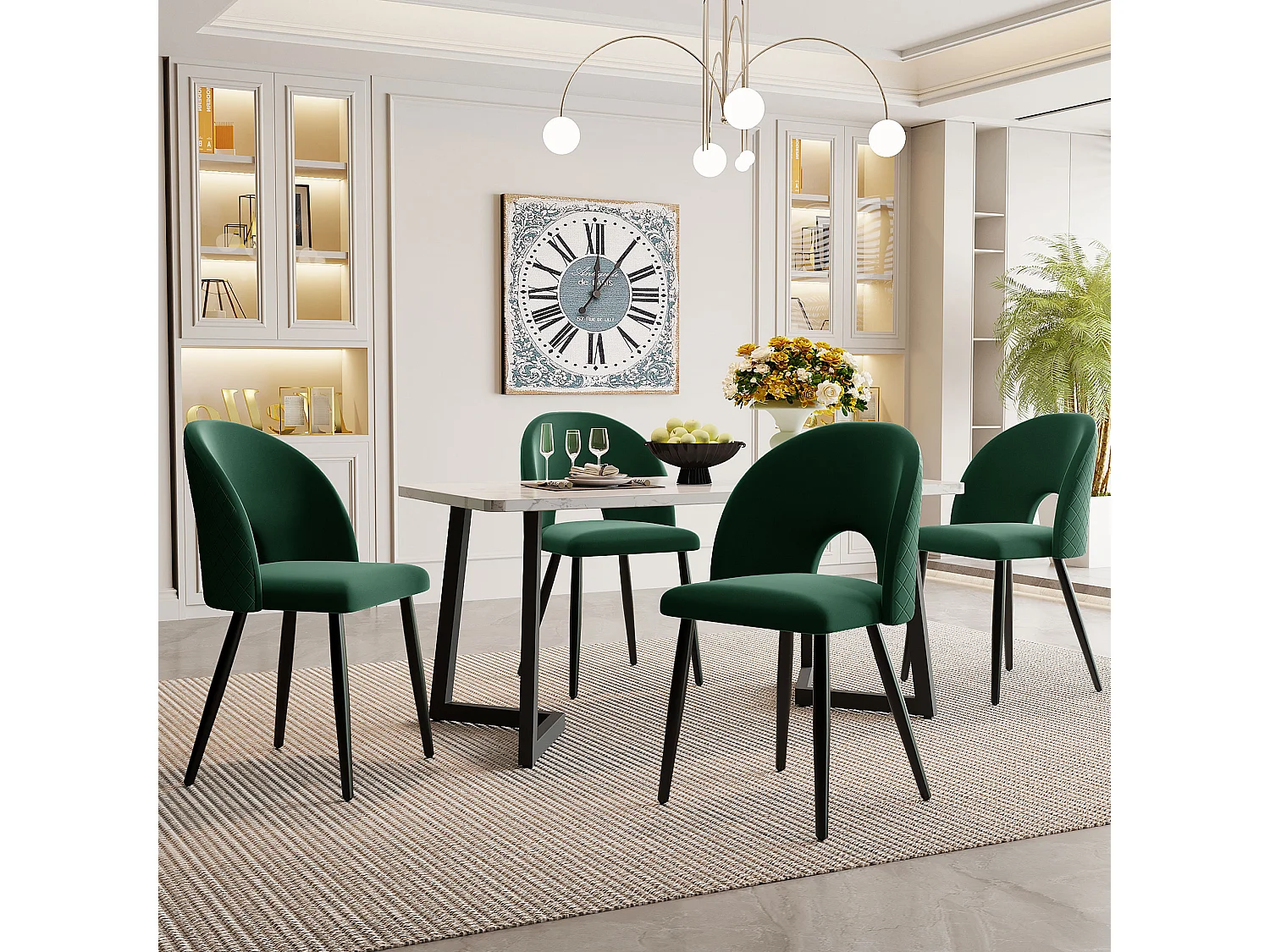 Set van 4 fluwelen stoelen - verstelbare metalen poten - met rugleuning - groen