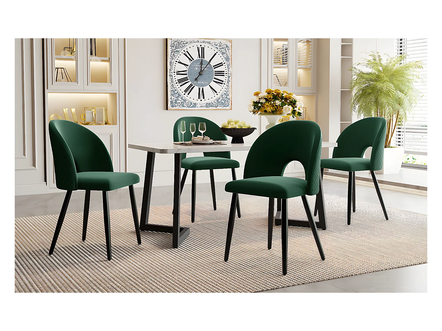 Lot de 4 chaises en velours - pieds réglables en métal - avec dossier - vert