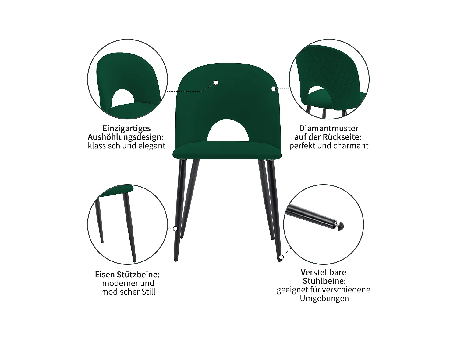 Lot de 4 chaises en velours - pieds réglables en métal - avec dossier - vert