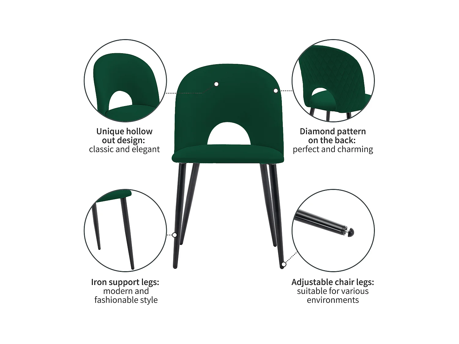 Lot de 4 chaises en velours - pieds réglables en métal - avec dossier - vert