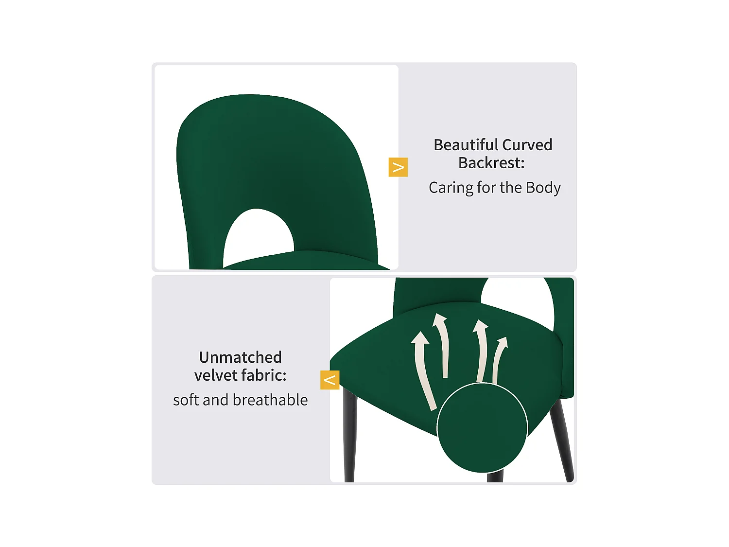 Lot de 4 chaises en velours - pieds réglables en métal - avec dossier - vert