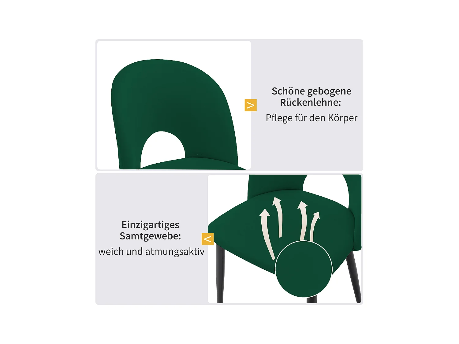 Lot de 4 chaises en velours - pieds réglables en métal - avec dossier - vert