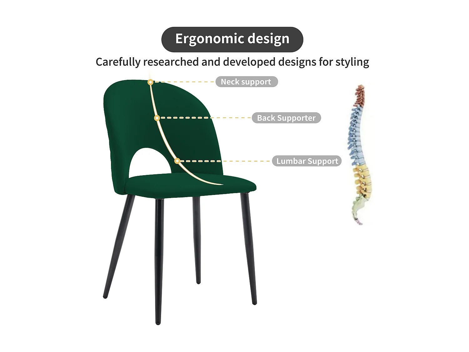 Lot de 4 chaises en velours - pieds réglables en métal - avec dossier - vert