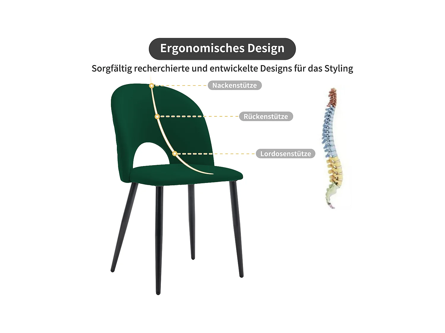 Lot de 4 chaises en velours - pieds réglables en métal - avec dossier - vert