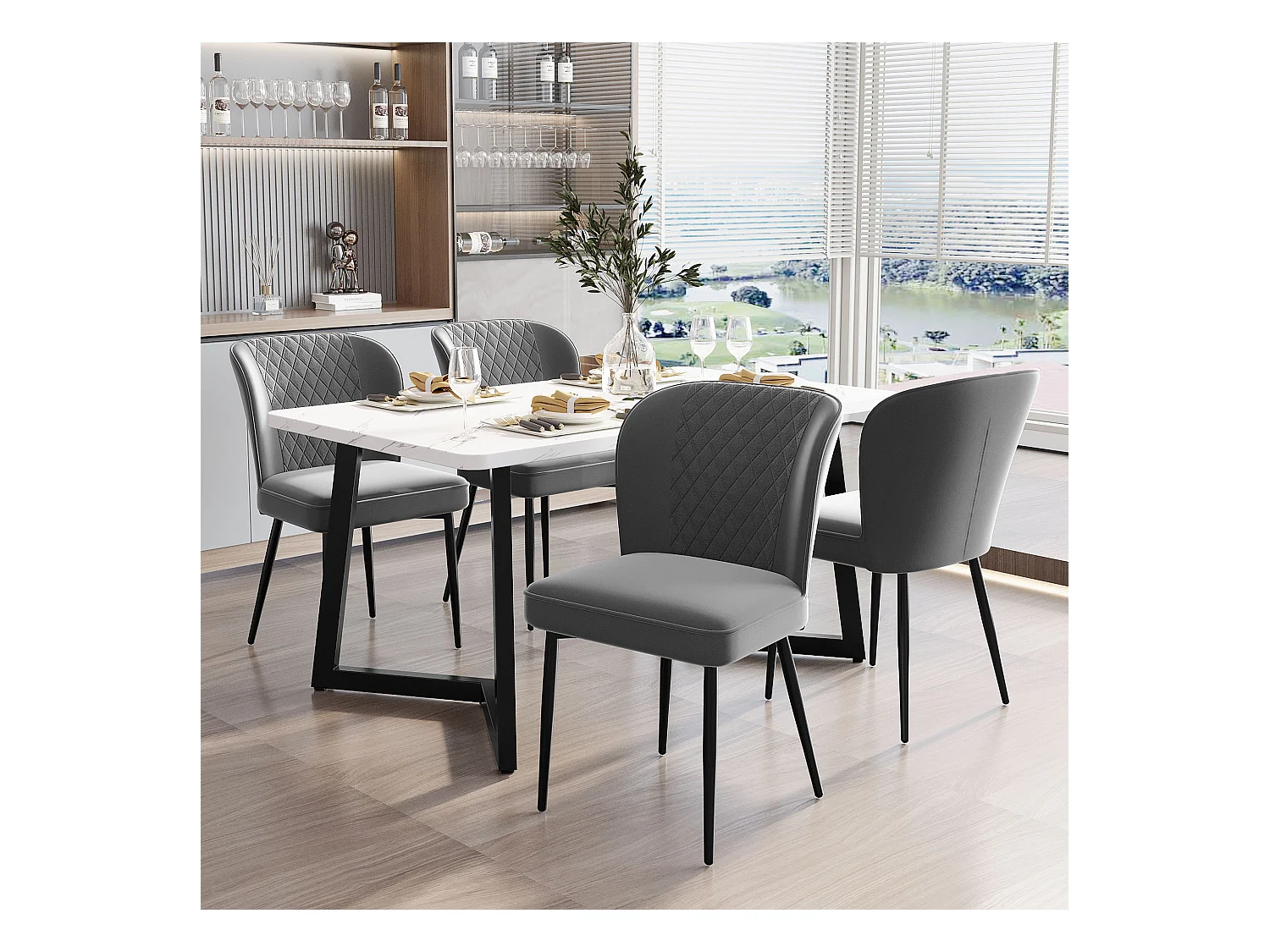 Lot de 4 chaises de salle à manger en velours - pièds en métal - gris