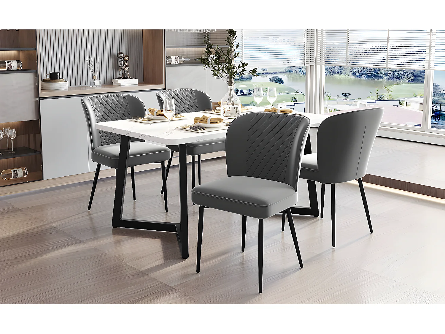 Lot de 4 chaises de salle à manger en velours - pièds en métal - gris