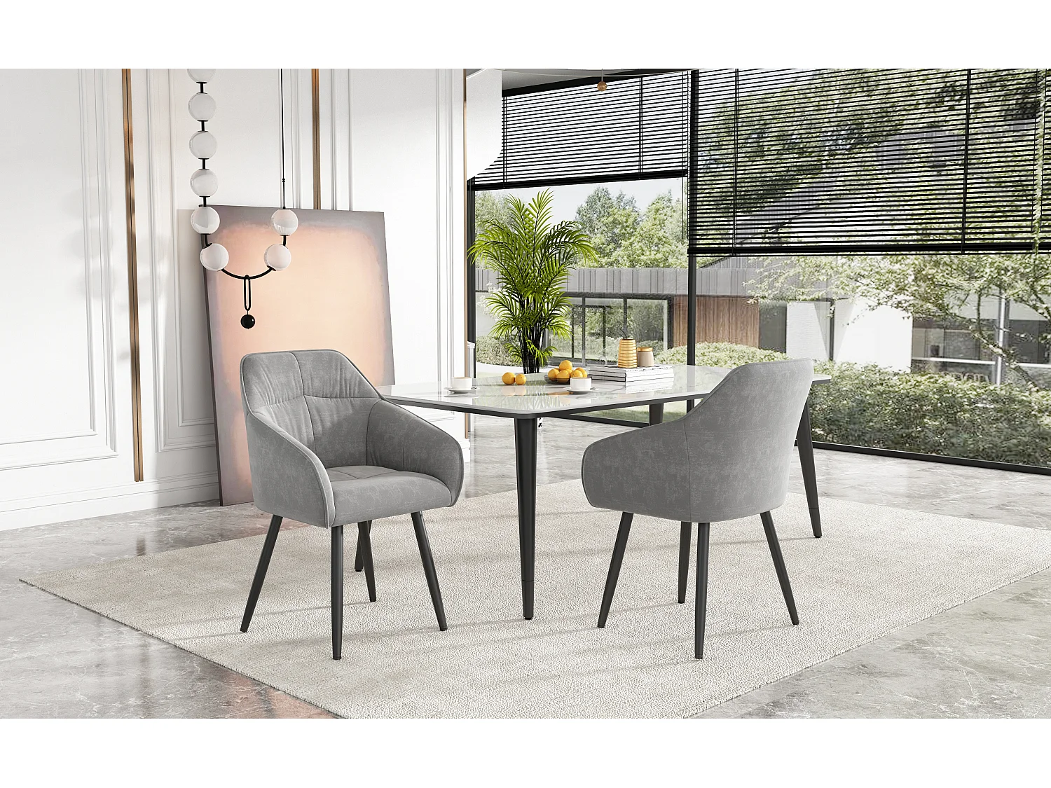 Lot de 2 chaises de salle à manger en velours - accoudoirs + pièds en métal - gris