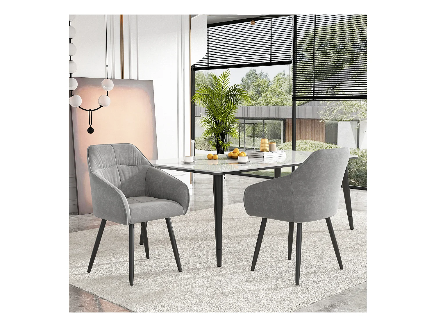 Lot de 2 chaises de salle à manger en velours - accoudoirs + pièds en métal - gris