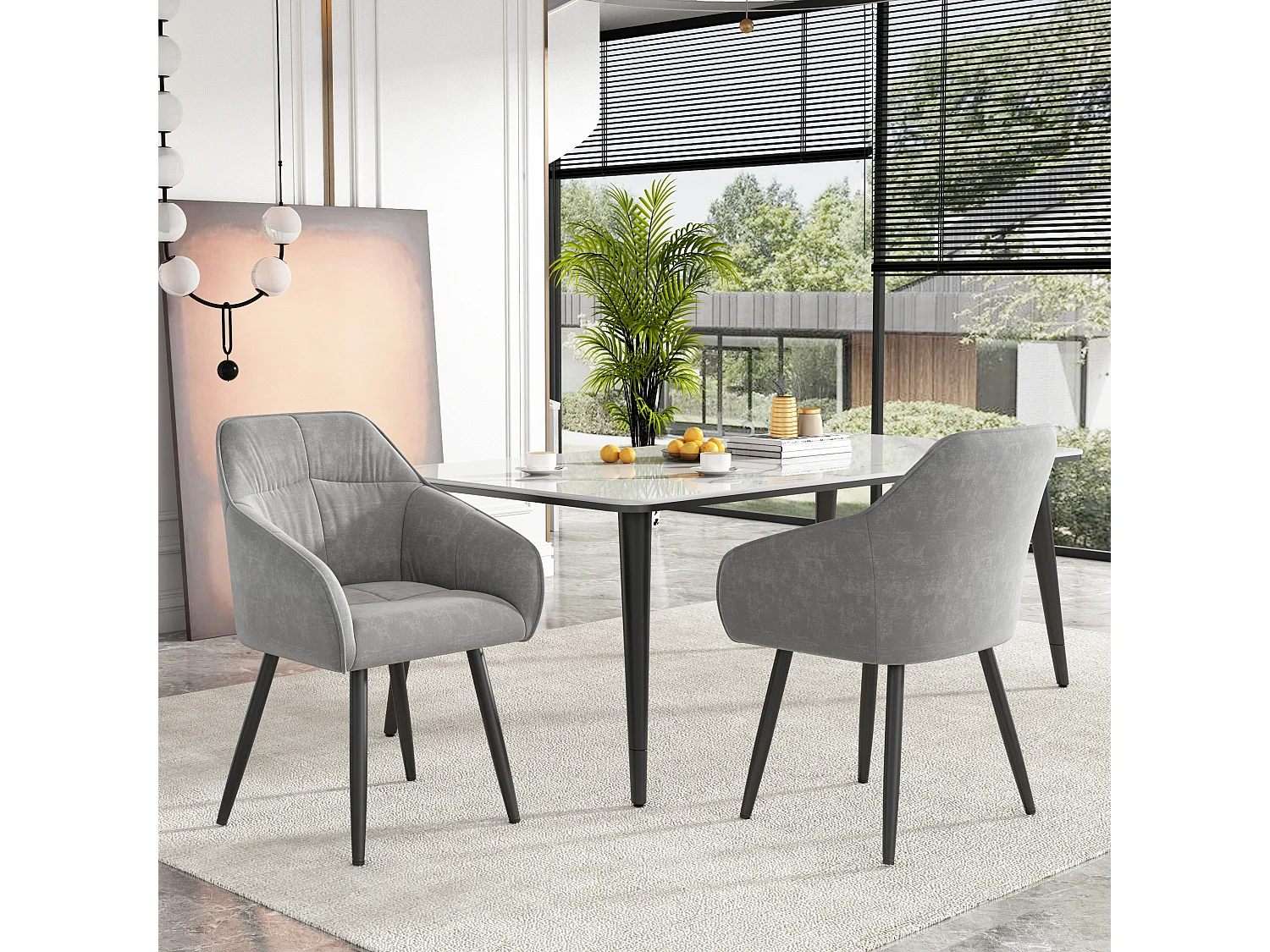 Lot de 2 chaises de salle à manger en velours - accoudoirs + pièds en métal - gris