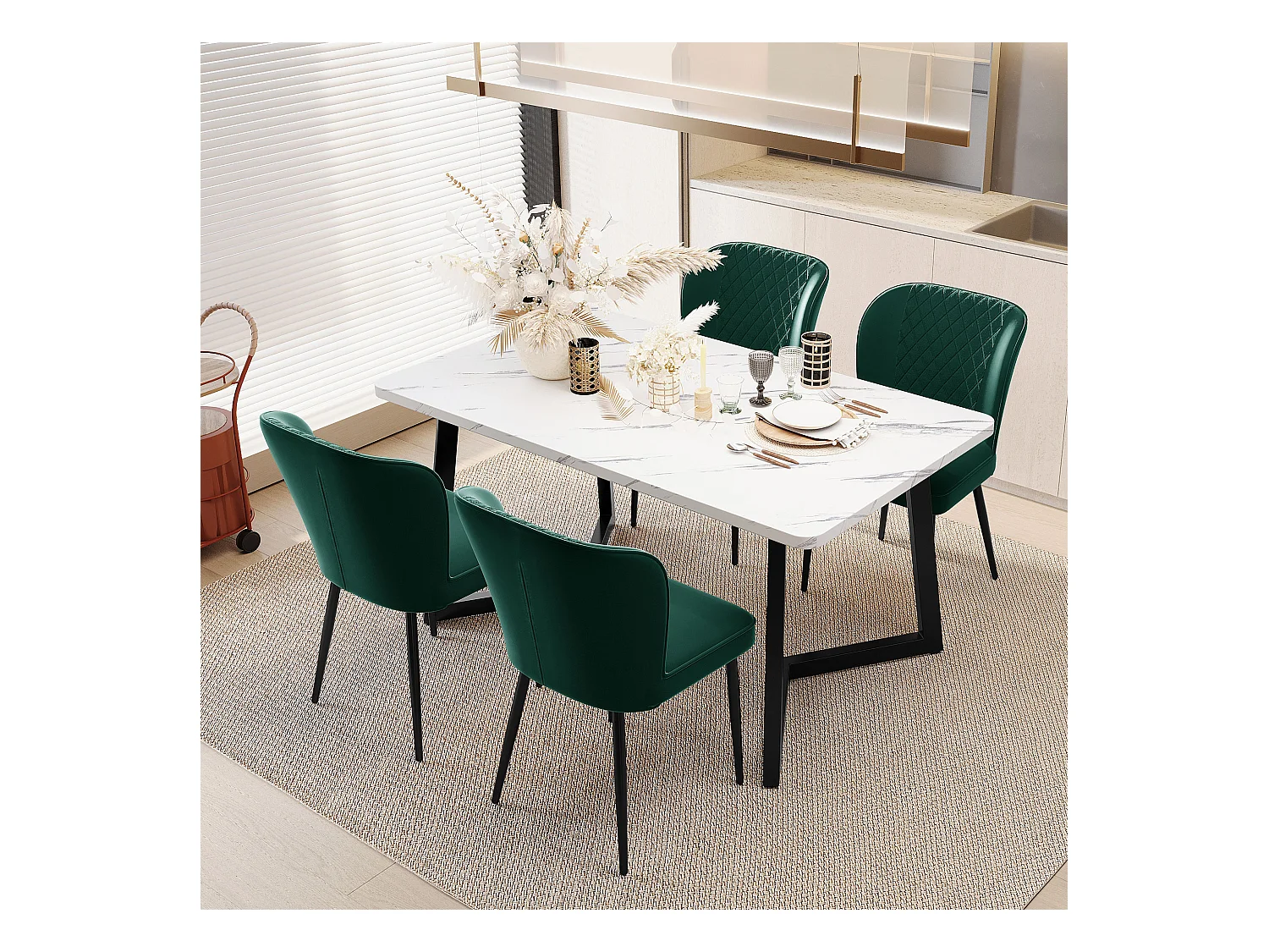 Lot de 4 chaises de salle à manger en velours - pièds en métal - vert
