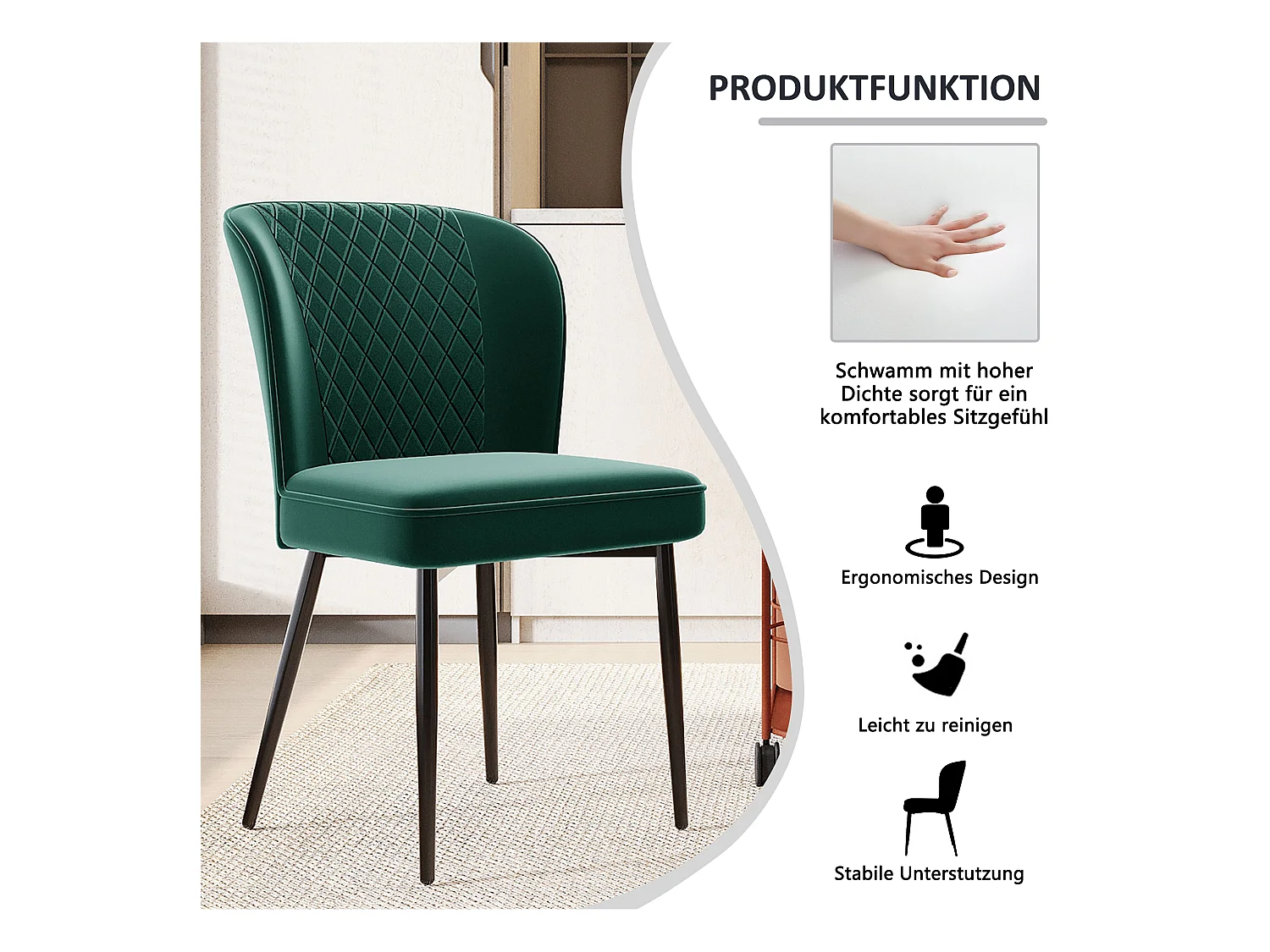 Set van 6 fluwelen eetkamerstoelen - metalen poten - groen