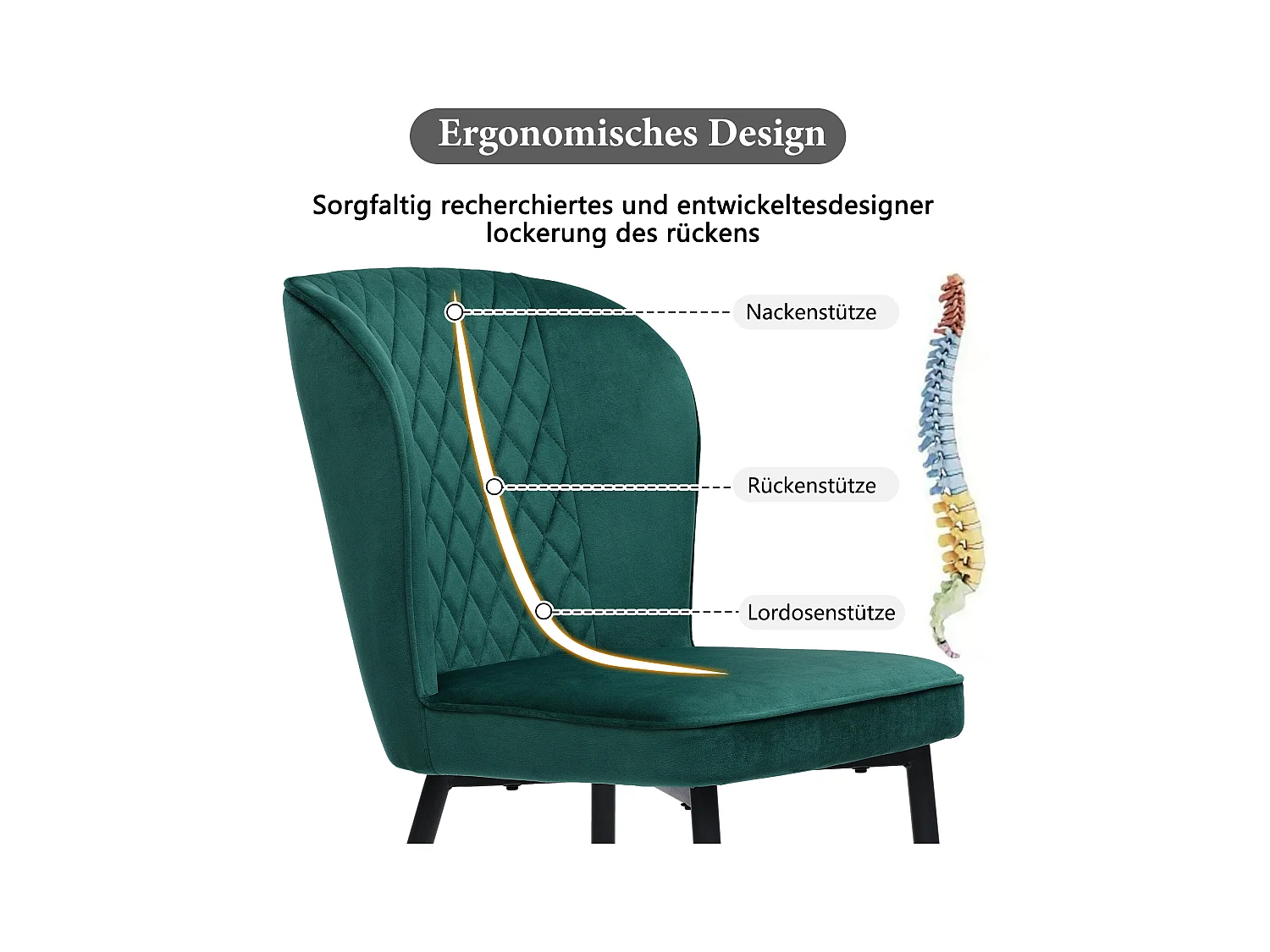 Set van 6 fluwelen eetkamerstoelen - metalen poten - groen