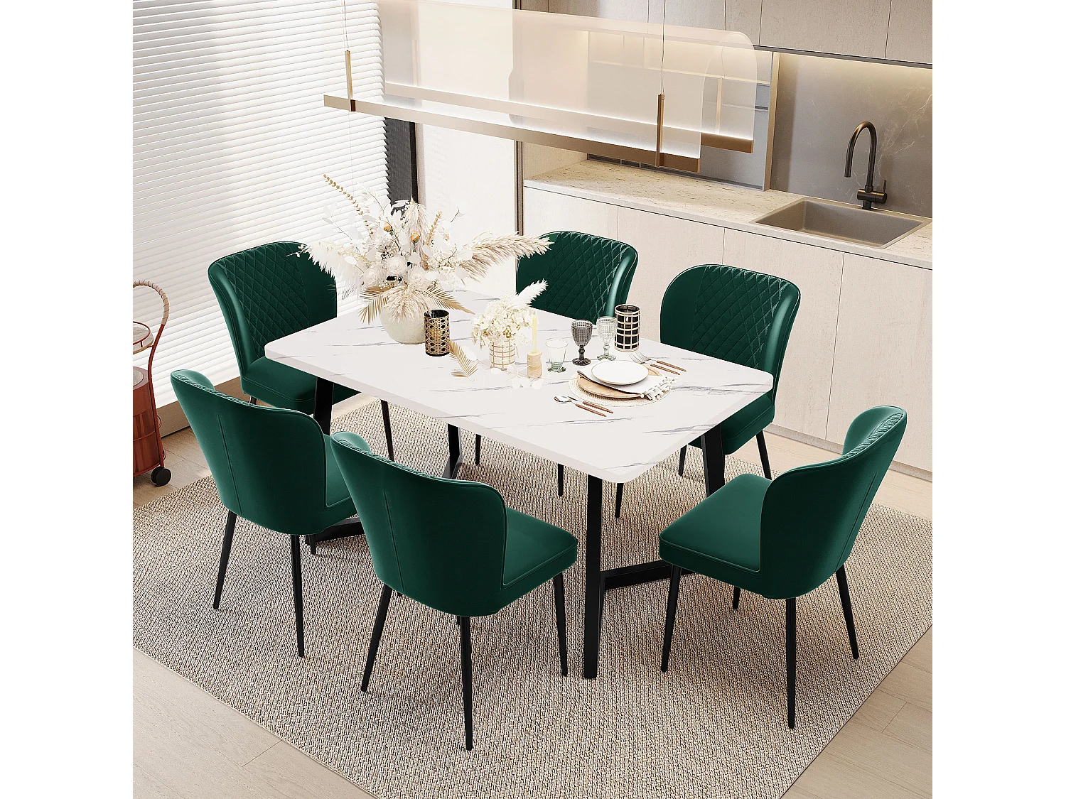 Lot de 6 chaises de salle à manger en velours - pièds en métal - vert