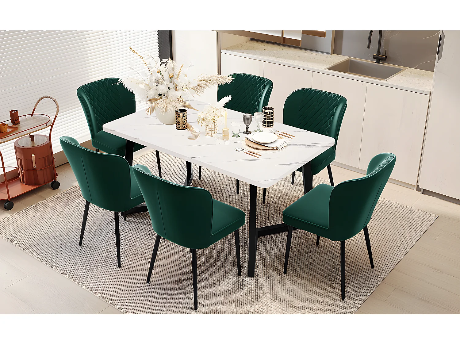 Lot de 6 chaises de salle à manger en velours - pièds en métal - vert