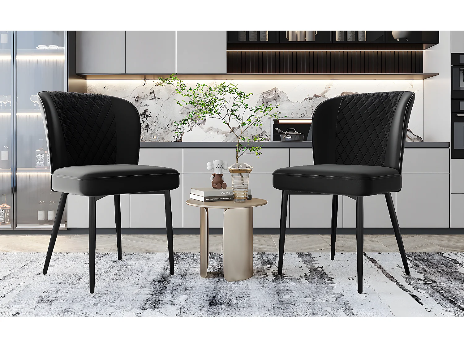 Lot de 2 chaises de salle à manger en velours - pièds en métal - noir