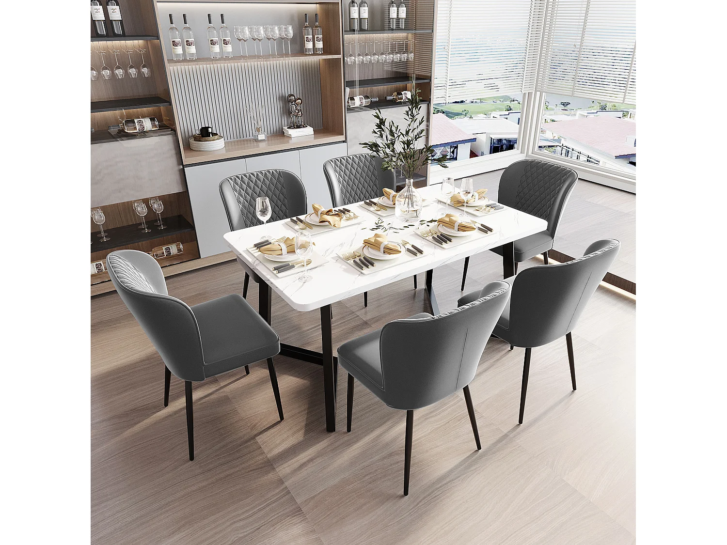 Lot de 6 chaises de salle à manger en velours - pièds en métal - gris