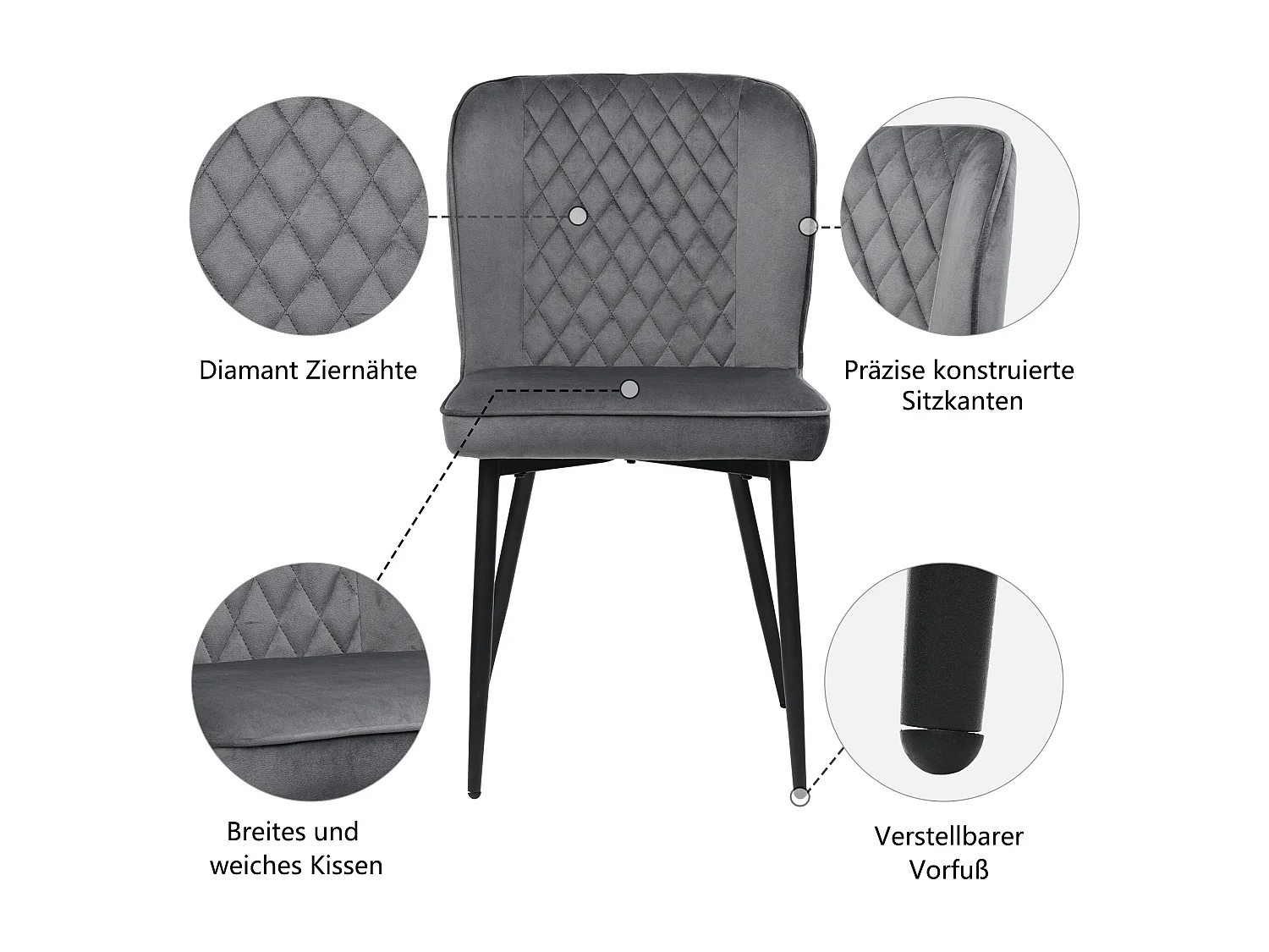 Lot de 6 chaises de salle à manger en velours - pièds en métal - gris