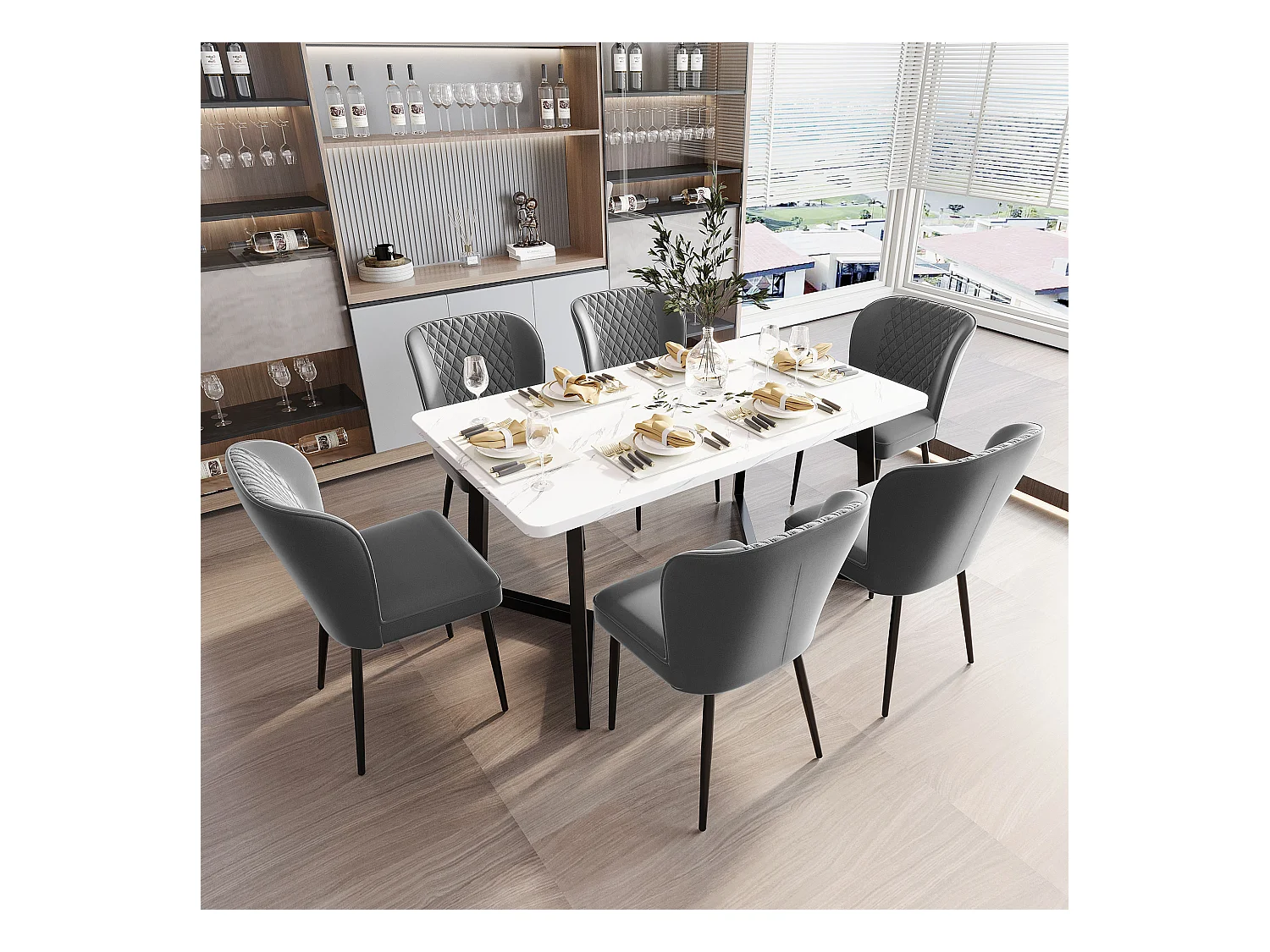 Set van 6 fluwelen eetkamerstoelen - metalen poten - grijs